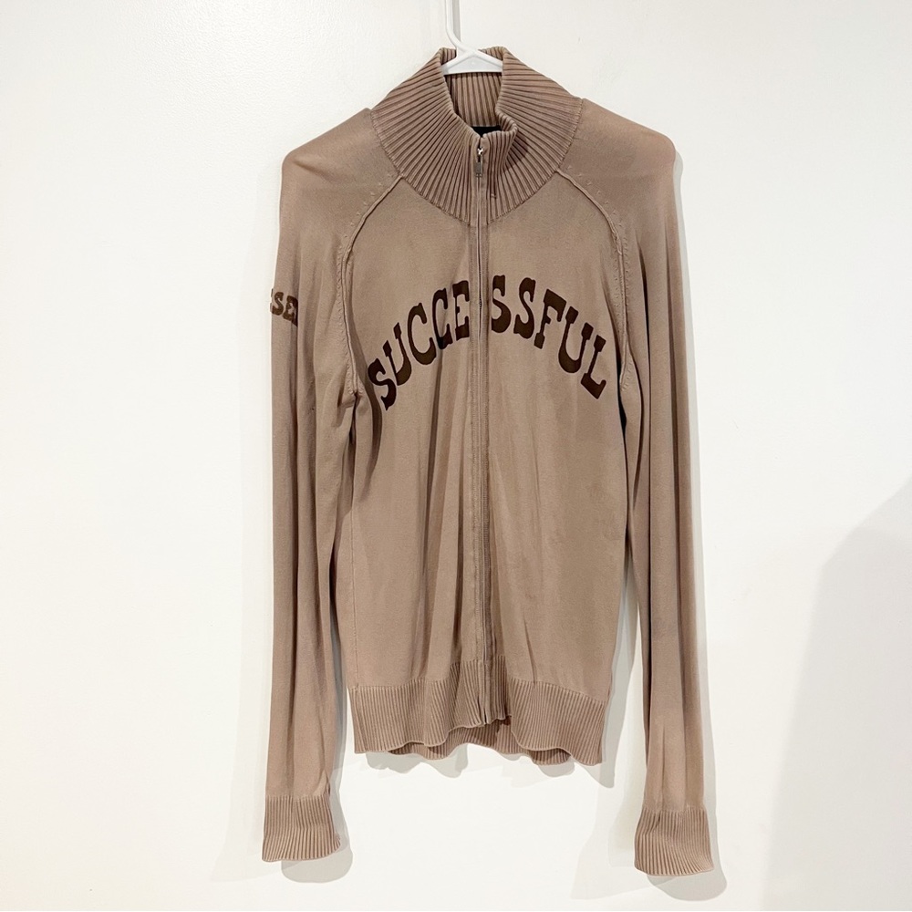 DIESEL 100% Cotton Mock Neck SUCCESSFUL spell out logo tan zip front sweater